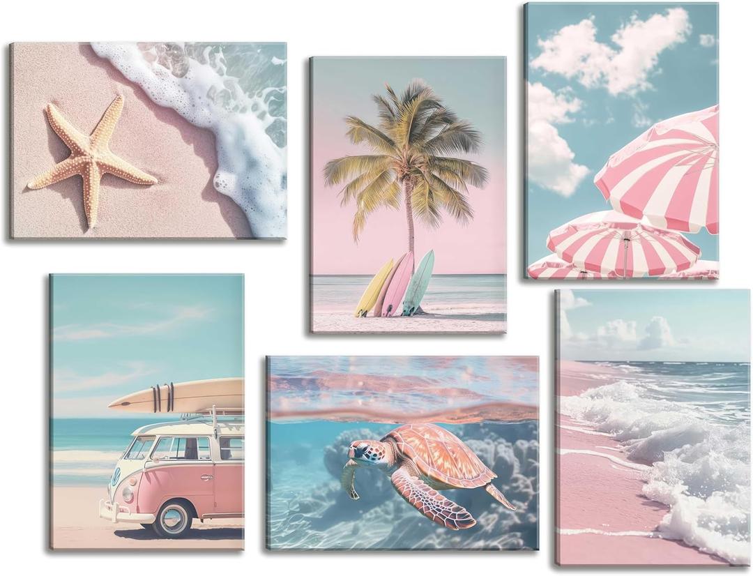 6Pcs Pink Summer Beachy Wall Art Fresh Pink Tropical Ocean Art Print Beach Chairs Starfish Surfboard Palm Tree Wall Decor Retro Coastal Canvas Picture Bus Van Canvas Painting for Bedroom Framed