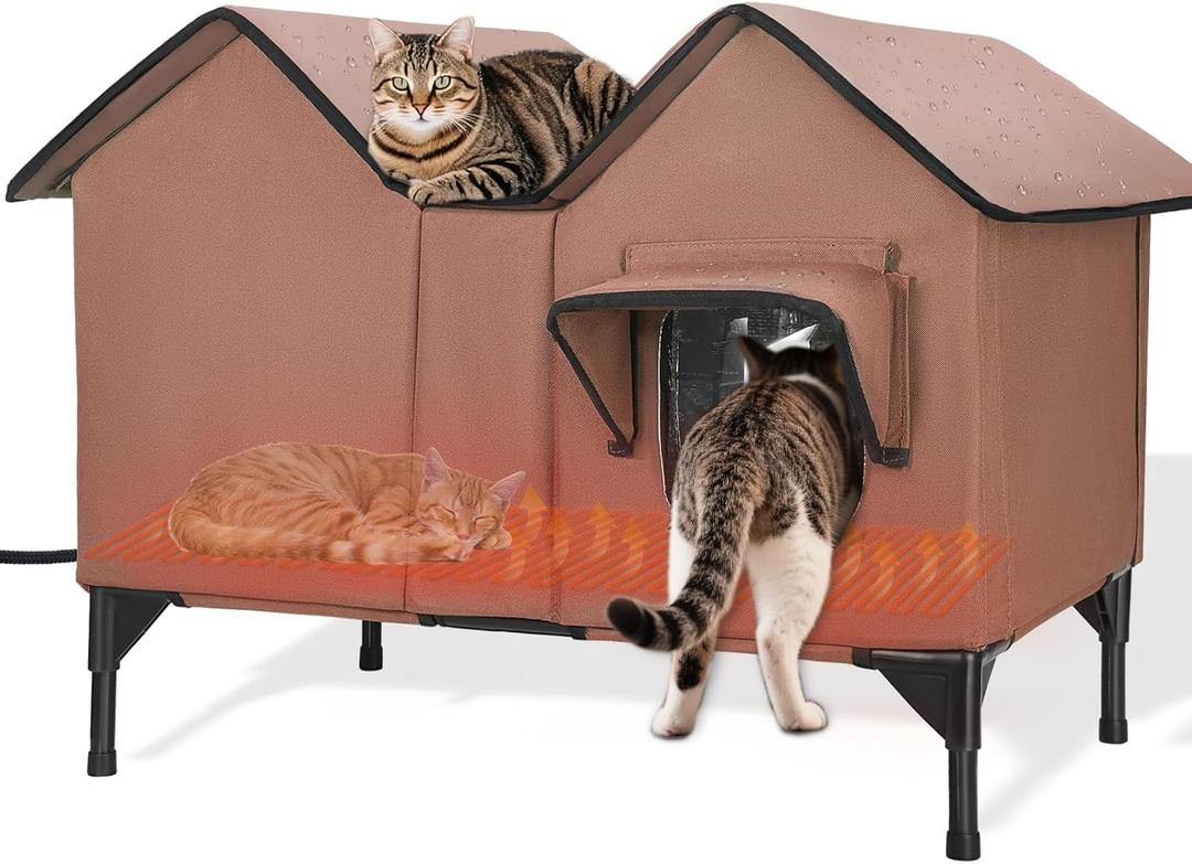 Extra Large Heated Outdoor Cat House Weatherproof, Insulated Outdoor Heated Cat House for Outside with Heater, Elevated Outdoor Feral Cat Shelter for Multiple Cats Small Dogs (Brown, XL)