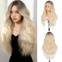 BrittyHair Ombre Blonde Wig for Women 26 Inch Long Ombre Blonde Wig with Curtain Bangs Long Curly Synthetic Wigs Natural Looking Heat Resistant Wavy Wig for Daily Party Halloween Cosplay Use