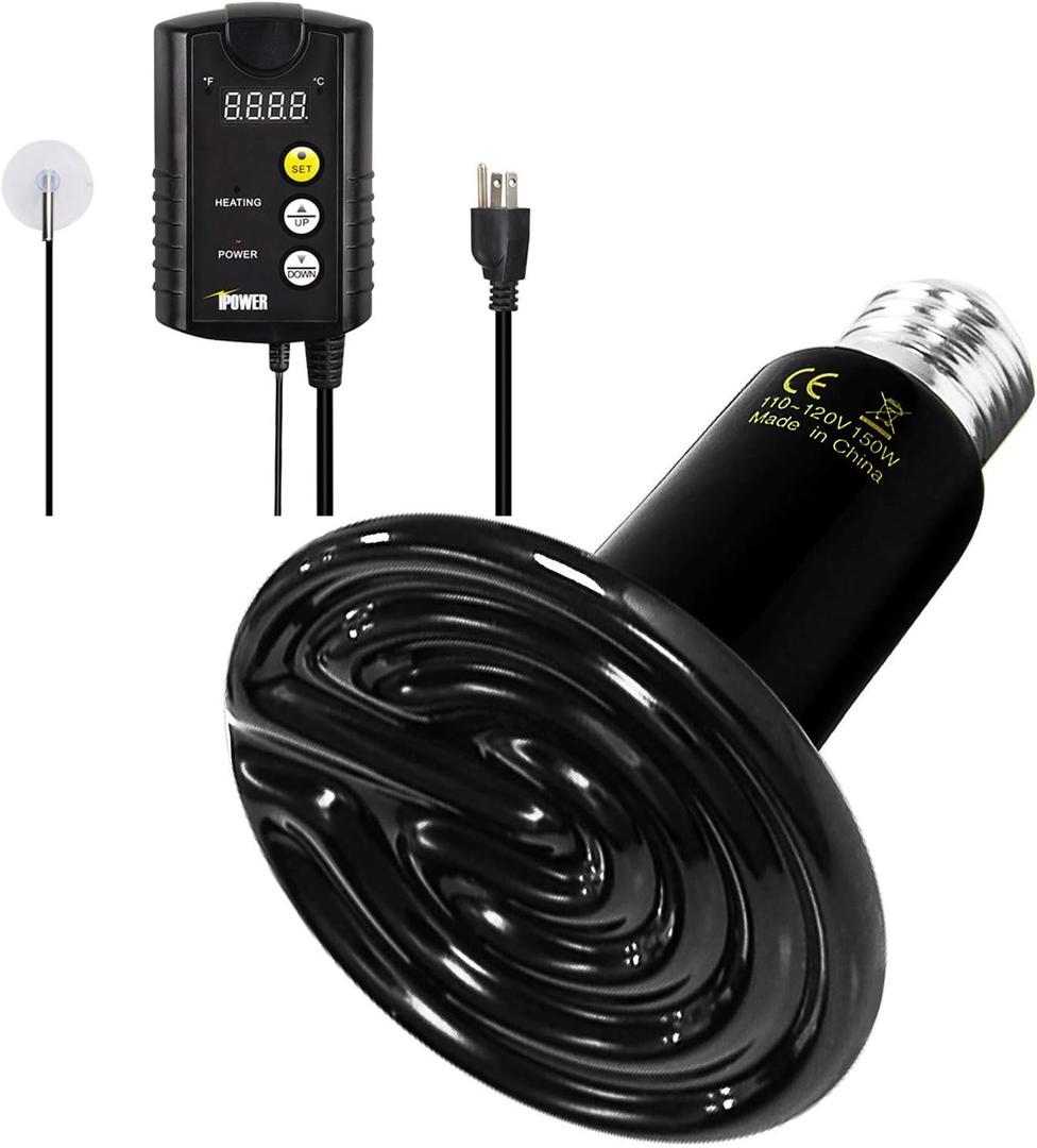 Simple Deluxe 150W Reptile Heat Bulb and 40-108 Degrees Fahrenheit Digital Thermostat Controller Included, for Amphibian Pet & Incubating Chicken, Black