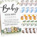 Hoteam 21 Pcs Baby Shower Games Include Baby Sock Hunt Sign and 20 Pair Small Cotton Socks Wooden Table Sign with Holder for Gender Reveal Party Favors(Animal Style) (Safari)