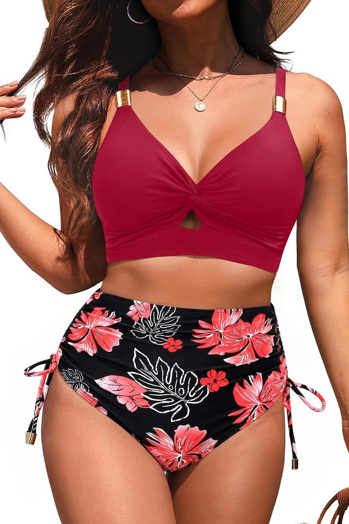 Yonique Women High Waisted 2 Piece Bikini Set Tummy Control Full Coverage | Removable cups, smoothing gathered midsection, figure-flattering front ruching, and a stylish V-neck wrap top (S)