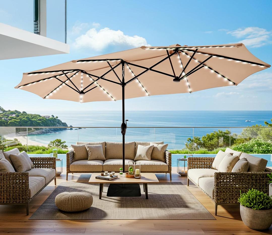 SUPERJARE 13ft Outdoor Patio Umbrella with Solar Lights, Double-sided Deck Pool Umbrella with 1.5 Inch Pole, Fade Resistant Canopy, 12 Sturdy Ribs, for Porch, Market, Backyard, Beige (No Base)