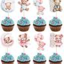 Gyufise 32Pcs Baby Shower Bear Cupcake Toppers Moon Baby Bear Baby Shower Cake Topper Decorations Jungle Animal Theme Birthday Party Cake Supplies Blue Pink