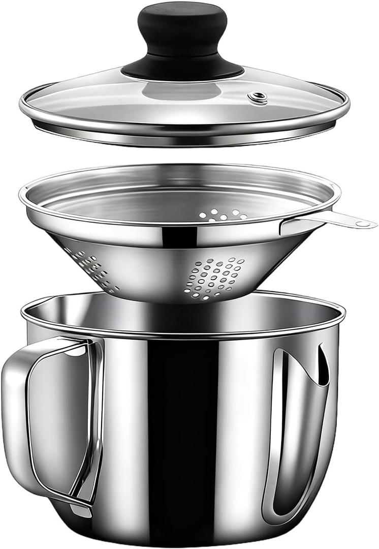 Hapivida Bacon Grease Container with Strainer, 35oz/1L Stainless Steel Oil Separator Saver with Fine Mesh Strainer Oil Filter Pot with Lid Fat Storage