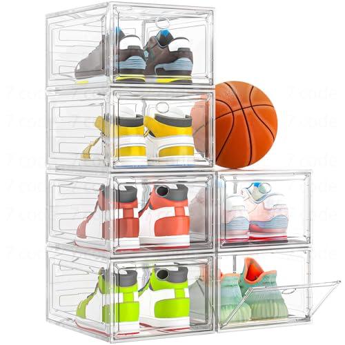 Thickened Clear Shoe Storage Organizer with Magnetic Door, Sturdy Stackable Shoe Boxes for Closet, Collapsible Space-Saving Shoe Rack for Sneakers & Boots, Plastic Shoe Cabinet Box Set, 6 Pack, White