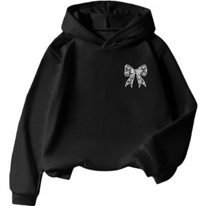 COZYEASE Girl's Letter Camo Graphic Hooded Sweatshirt Long Sleeve Drop Shoulder Hoodie 2025 Fall Outfits Pullover Tops (Bow Black)  Size 10Y
