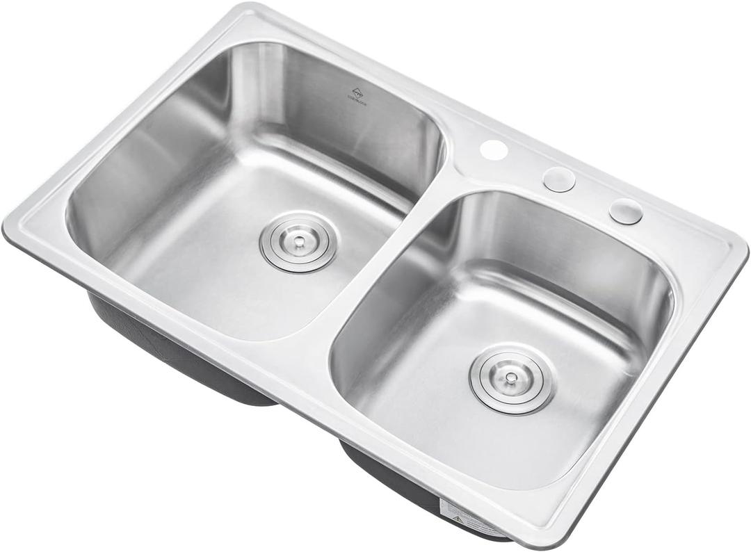 CozyBlock 33 Inch 60/40 Split Bowl Topmount Drop-In 18-Gauge Stainless Steel Kitchen Sink w/ 3 Faucet Holes (Sink Only)
