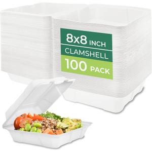 Freshware Clamshell Food Containers with Lids [8x8" 100-Pack] Disposable To Go Containers, Biodegradable Sugarcane To Go Boxes - Paper Container - Microwave & Freezer Safe, Stackable