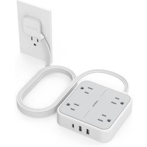 Extension Cord 10 ft, TESSAN Surge Protector Power Strip Long Cord with 3 USB(1 USB C) 4 Outlets, 900 Joules Protection, Small Desktop Multiple Charging Station for Home School Dorm Room Office, Grey (Grey & Surge Protector)