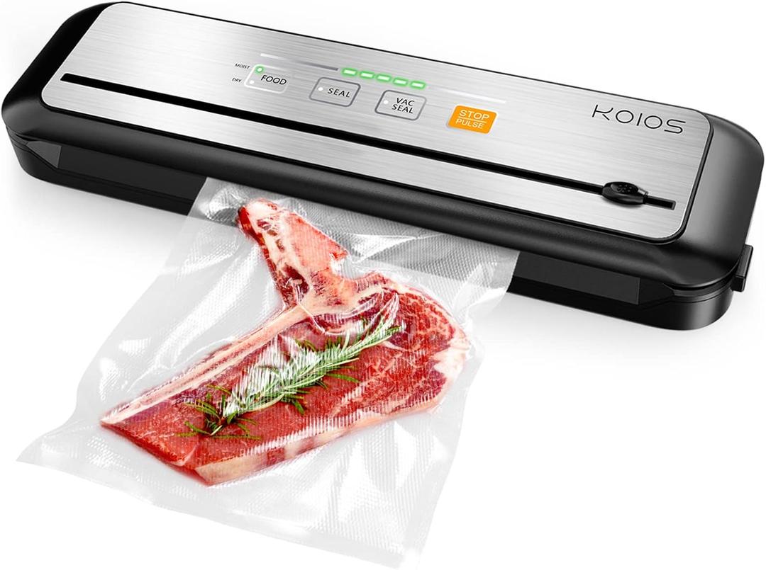 KOIOS Vacuum Sealer Machine, 90Kpa Automatic Food Sealer with Cutter, 8-in-1 Food Vacuum Machine, Pulse Function, Dry & Moist Modes, Compact Design, LED Indicator Lights, Count of 10 bags included, Silver