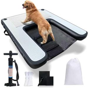 Inflatable Large Dog Water Ramp Float Floating Ramp-Swimming Pets Up to 200 Pounds Large Dogs-Inflatable Stairs for Boats, Docks, with Pump/Rope/Repair Kit - PVC Anti-Slip Fabric (Black)