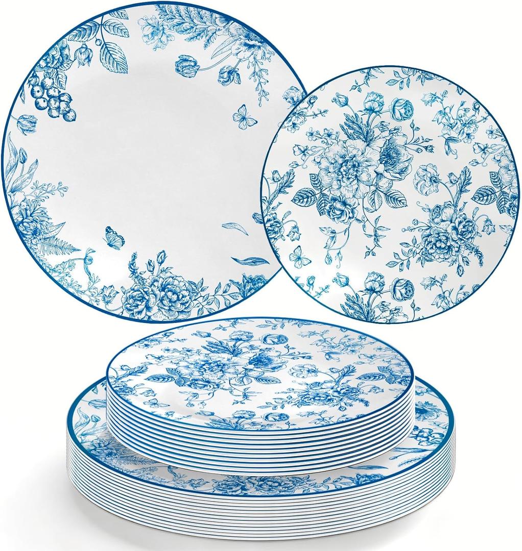 AnyDesign 80 Pcs Blue White Floral Plastic Plates 10.25 Inch Dinner & 7.5 Inch Dessert Chinoiserie Flower Disposable Plates Party Tableware for Spring Wedding Baby Shower Table Supplies