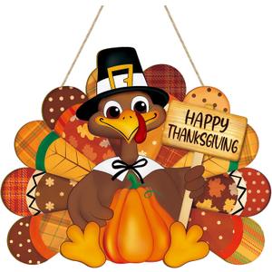 Thanksgiving Decoration Wooden Turkey Pumpkin Door Wreath for Front Door Sign Wall Signs, Thankful Blessed Grateful Pumpkin Sign Hanging for Fall Autumn Harvest Home Halloween Decoration (Large, Flower Plate)