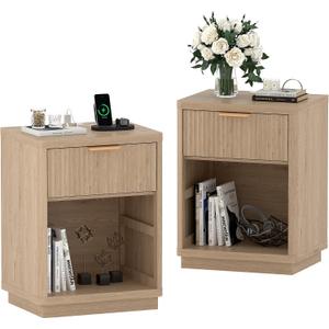 GarveeLife Fluted Nightstand with Charging Station, Mid Century Modern Fluted Nightstand, Wooden Night Stand, Modern End Table with Curved Corners, 2Pieces/1 Drawer