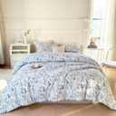 EAVD Queen Comforter Set White and Blue Floral Bedding Set for Women Soft Microfiber 3-Piece Vintage Garden Floral Comforter Set with 2 Pillowcases Botanical Bedding Set for All-Season