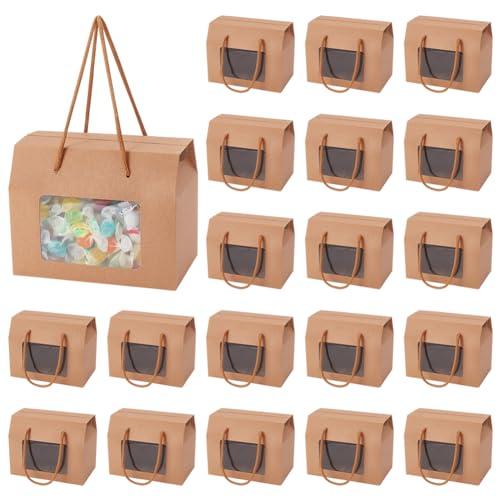 BENECREAT 20 Packs Kraft Paper Stand Up Gift Box Bags 5.9x3.5x4.7 Inch, BurlyWood Cupcakes Cookies Box with Clear Window and Handle for Packaging, Retail, Party, Gifts, Wedding, Business