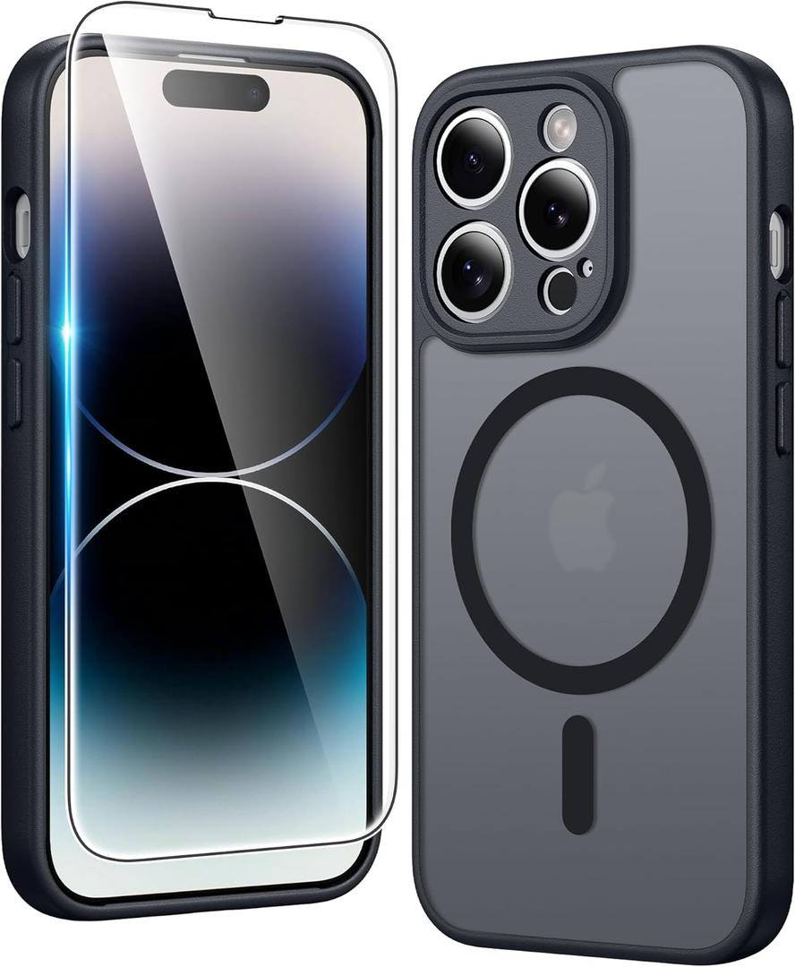 FNTCASE for iPhone 14 Pro Case: Matte Magnetic Phone Cases with Screen Protector Compatible with Magsafe Slim Anti Yellowing Rugged Shockproof Protective Translucent Cell Phone Cover (C-Black)