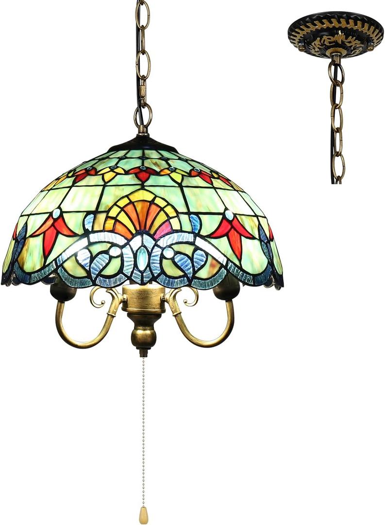 Tiffany Pendant Light, Baroque Style Stained Glass Lamp, 16'' Wide 3-Light, Inverted Ceiling Pendant Lights for Living Dining Room Kitchen Bedroom Entryway