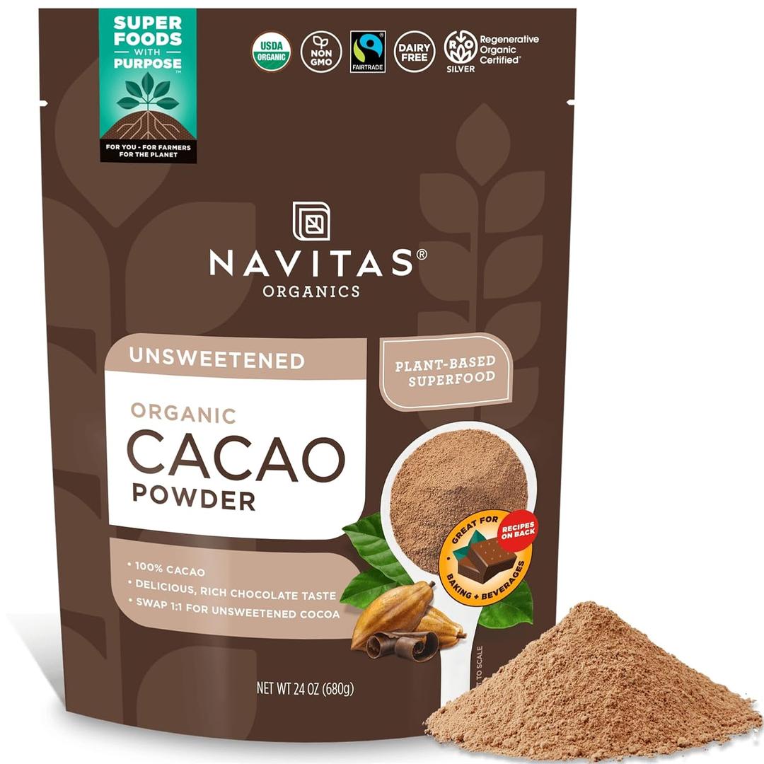 Navitas Organics Cacao Powder - Cocoa Powder Substitute 1:1, For Hot Chocolate, Baking & More - Regenerative Organic Certified, Non GMO, Fairtrade, Gluten Free, Non-alkalized (24oz. Bag, 113 Servings), Best Before: October 2025