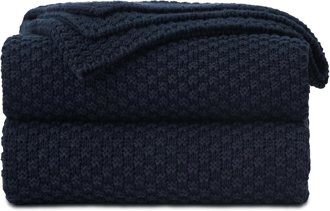 Longhui bedding Dark Navy Blue Knitted Throw Blanket for Couch, Soft, Cozy Machine Washable 100% Cotton Sofa Knit Blankets, Heavy 4.0lb Weight, 60 x 80 Inches, Dark Navy Blue Color.