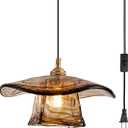 Amber Glass Pendant Light Fixture Plug-in Design Lighting Shade, Brown + Wide Volume
