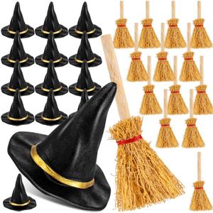 ZHWKMYP 28Pcs Mini Witch Hat, Plastics Mini Brooms and Witches Hats for Crafts Halloween Party Supplies