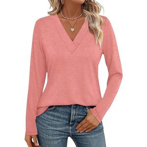 Womens V Neck Long Sleeve Shirts Dressy Casual Fall Tops Trendy Loose Tunic Tops Blouse (Large, Pink)