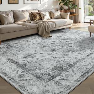 YOH Boho Washable Rug 5x7, Light Gray Vintage Non Slip Area Rug, Distressed Indoor Carpet for Living Room Bedroom Kitchen Office