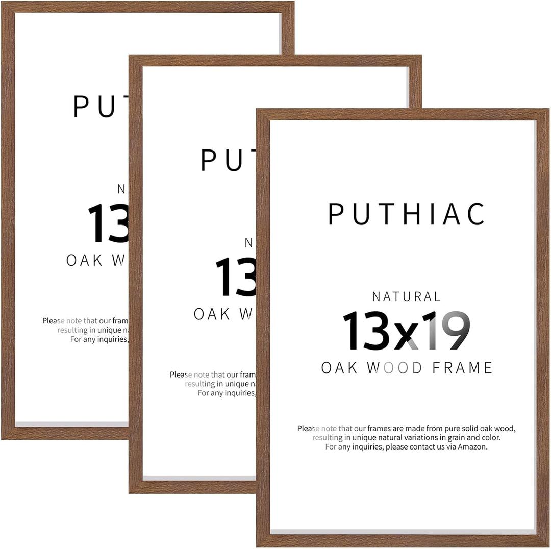 13x19 Solid Oak Wood Picture Frames, Walnut, 3 Pack | Minimalist oak frame; fits 11x17 with mat or 13x19 without; wall display for family photos, art prints, or gallery walls.