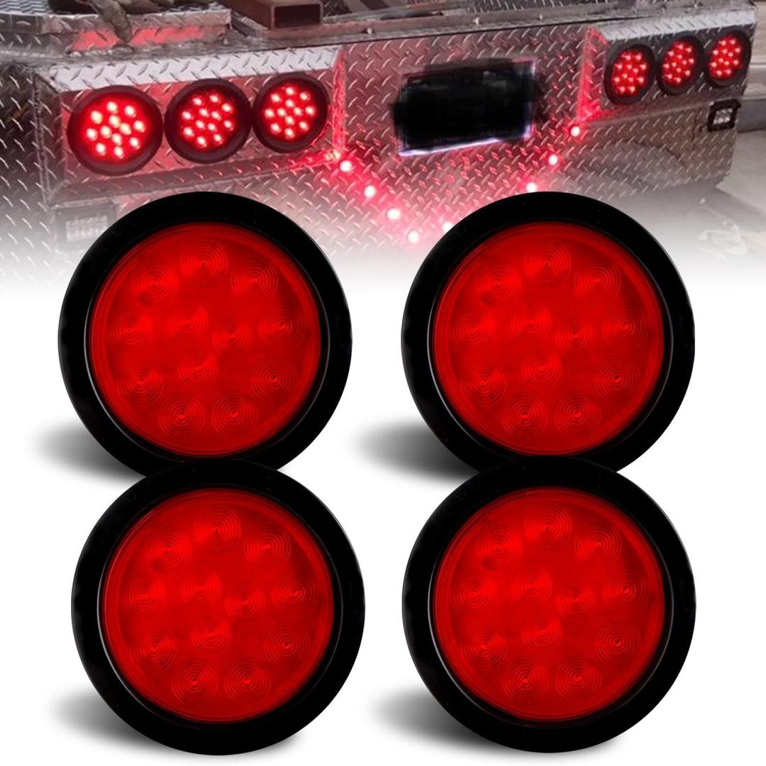 4 Pcs 4" Inch Round Led Trailer Tail Lights Red 12 LED, 4" Inch Round LED Stop Turn Brake Tail Lights Sealed Grommet Mount w/ 3 Prong Trailer Wire Pigtails RV Boat IP67 Waterproof 12V