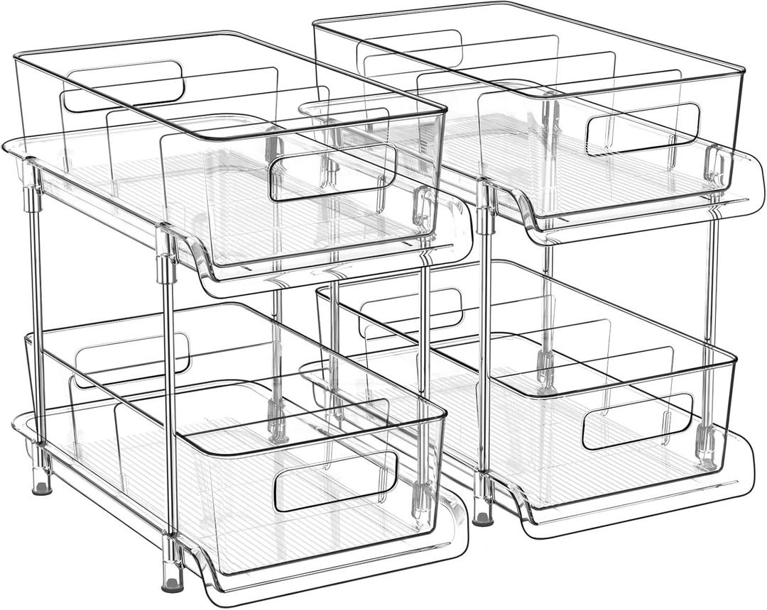 HIHEGD 2-Tier Bathroom Organizer with Dividers, Clear Under Sink and Pull-Out Cabinet Organizer for Kitchen and Pantry Storage (Clear-2 Pcs)