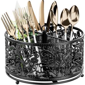 360 Rotating Utensil Caddy - Silverware Cutlery Caddy Holder with 4 Compartment, Metal Flatware Organizer Countertop with Handle for Party Camping Picnic, Kitchen Counter, Office (Black)