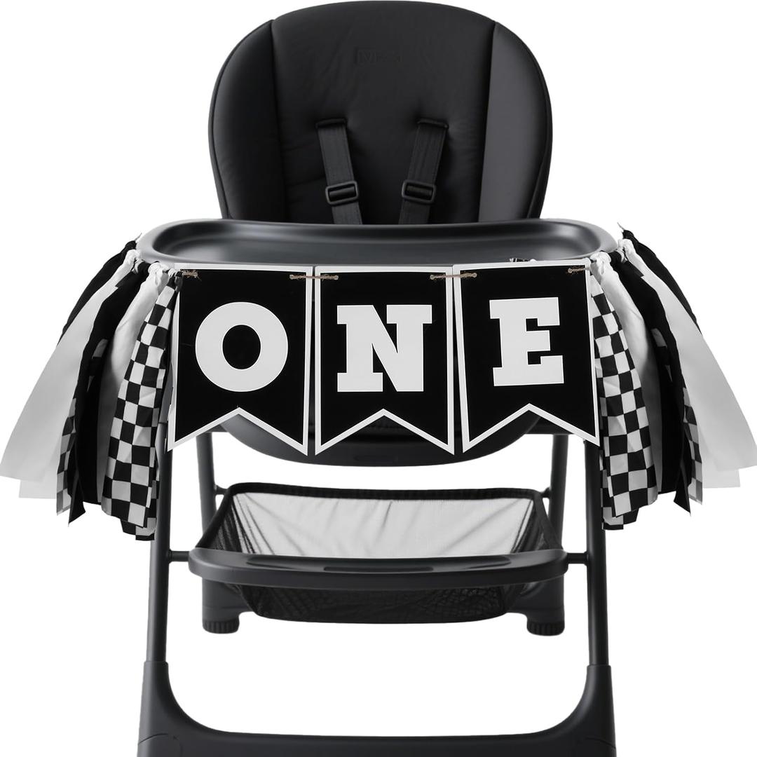 1st Birthday High Chair Banner, Black White Race Car Birthday Banners, One Highchair Banner Tassel, First Birthdays Photo Prop Boy Racing Theme Decoration