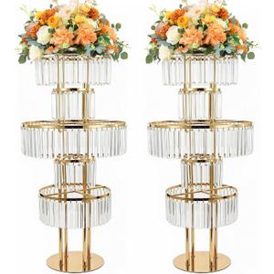 2PCS Wedding Flower Stand Centerpieces/Sparkling Genuine Crystal Pendants - 5-Tier Heavy-Duty Chandelier Base for Banquet Aisle/T-Stage/Table/Flower Arrangement Decoration, Not Acrylic (Golden)