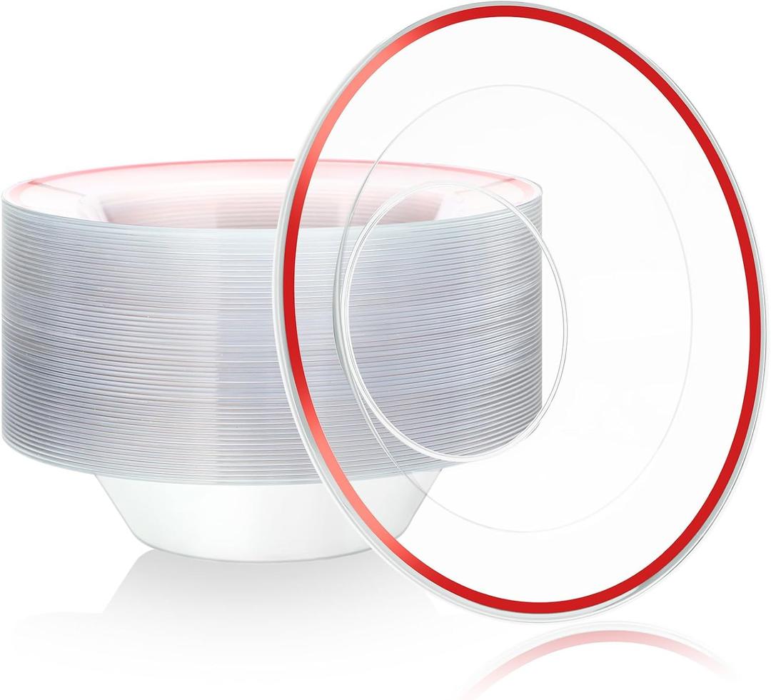 FoldTier 50 Pcs Clear Plastic Party Bowls 12 oz Dessert Bowls Disposable Dinnerware Elegant Tableware Dishes for Catering, Holidays, Parties Supplies, Weddings (Red)