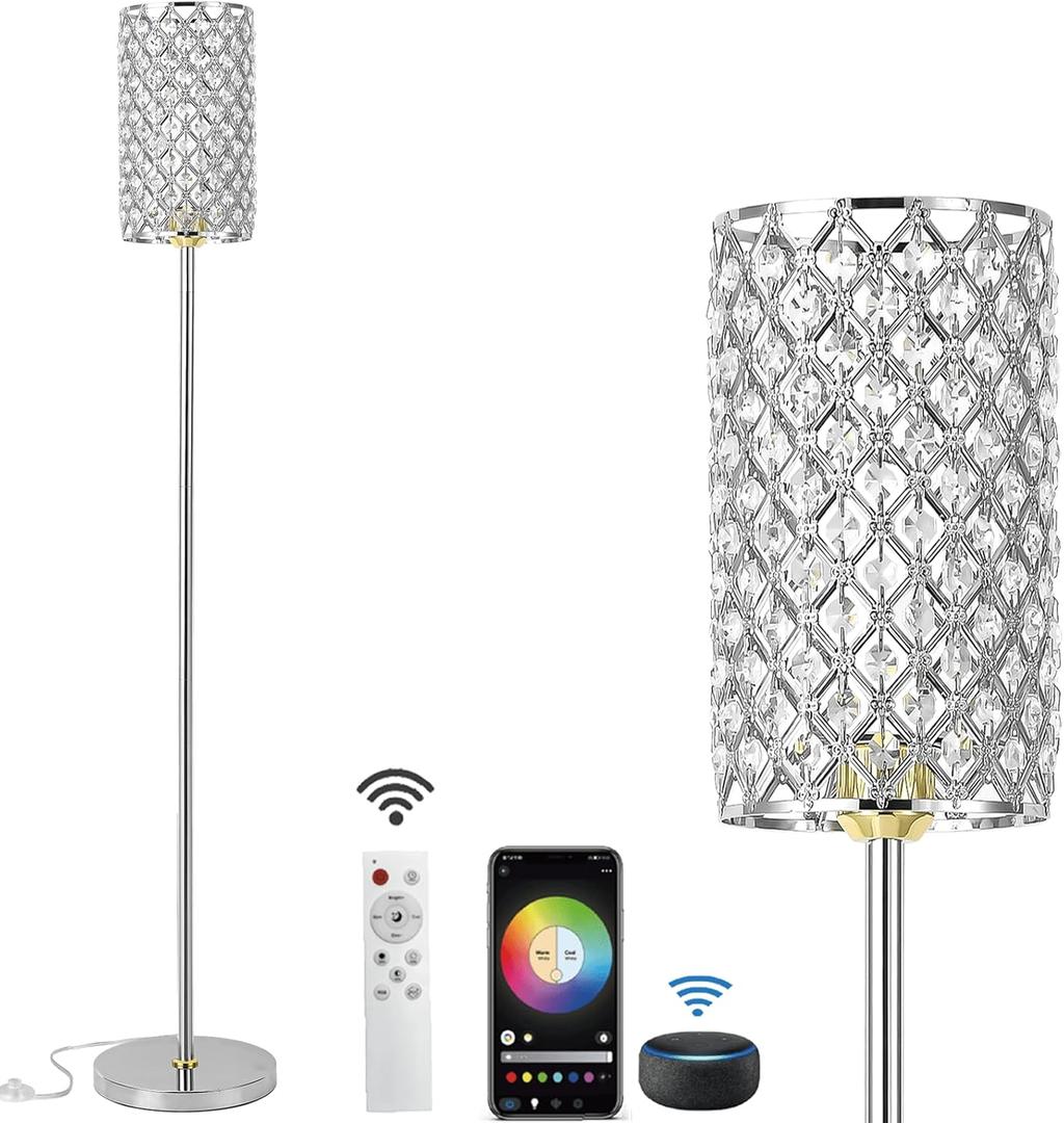 Crystal Floor Lamp with Remote Control, Smart Modern Silver Floor Lamps for Bedroom, Living Room, Crystal Standing Lamp Silver Home Dcor, LED Bulb Included