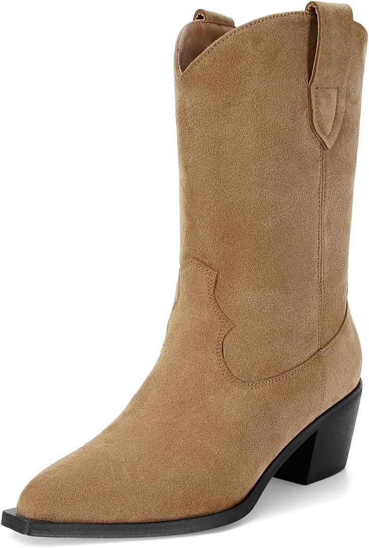 Suede Cowboy Boots for Women Pointed Toe Mid-Calf Western Boots Chunky Heel Cowgirl Booties Dressy Pull on Wide Calf Fashion 8