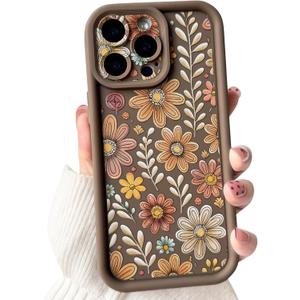 Lovmooful Compatible for iPhone 15 Pro Max Case Aesthetic Cute Color Flower Floral Leaf Design for Girls Women Soft TPU Shockproof More Protective Girly for iPhone 15 Pro Max Case-Brown