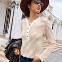 Khaki Shirt Women Striped Waffle Knit Tops V Neck Long Sleeve Blouses Dressy Casual Tunic Sweaters Trending Womens Clothes Cruise Outfits