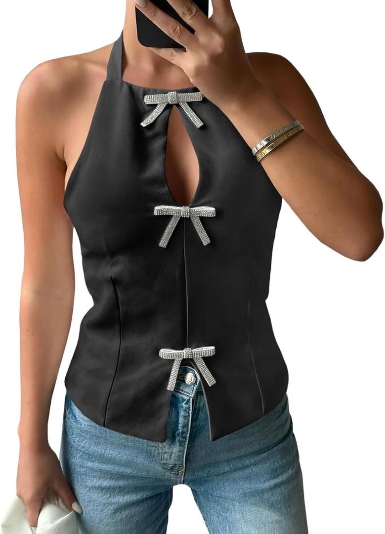 Tankaneo Womens Cute Bow Halter Tank Tops Sexy Keyhole Backless Slim Fit Crop Tops Y2k Summer Sleeveless Cami Shirts (Small, Black)