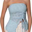 Women's Drawstring Split Strapless Tube Top Sheer Textured Sleeveless Bandeau Tops Going Out Shirts (Large)
