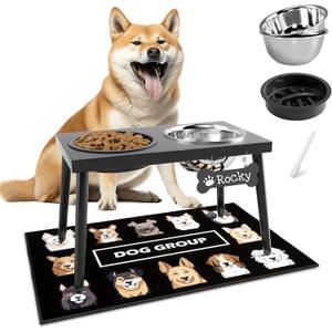 Metal Raised Dog Bowl Stand for Large and Medium Dogs, Elevated Dog Bowls with Sprill Proof Mat  Slow Feeder, Pet Food Bowls 10" Tall Dogs Feeder (58OZ-Stainless Steel Pet Bowl, Mat-16x24in)
