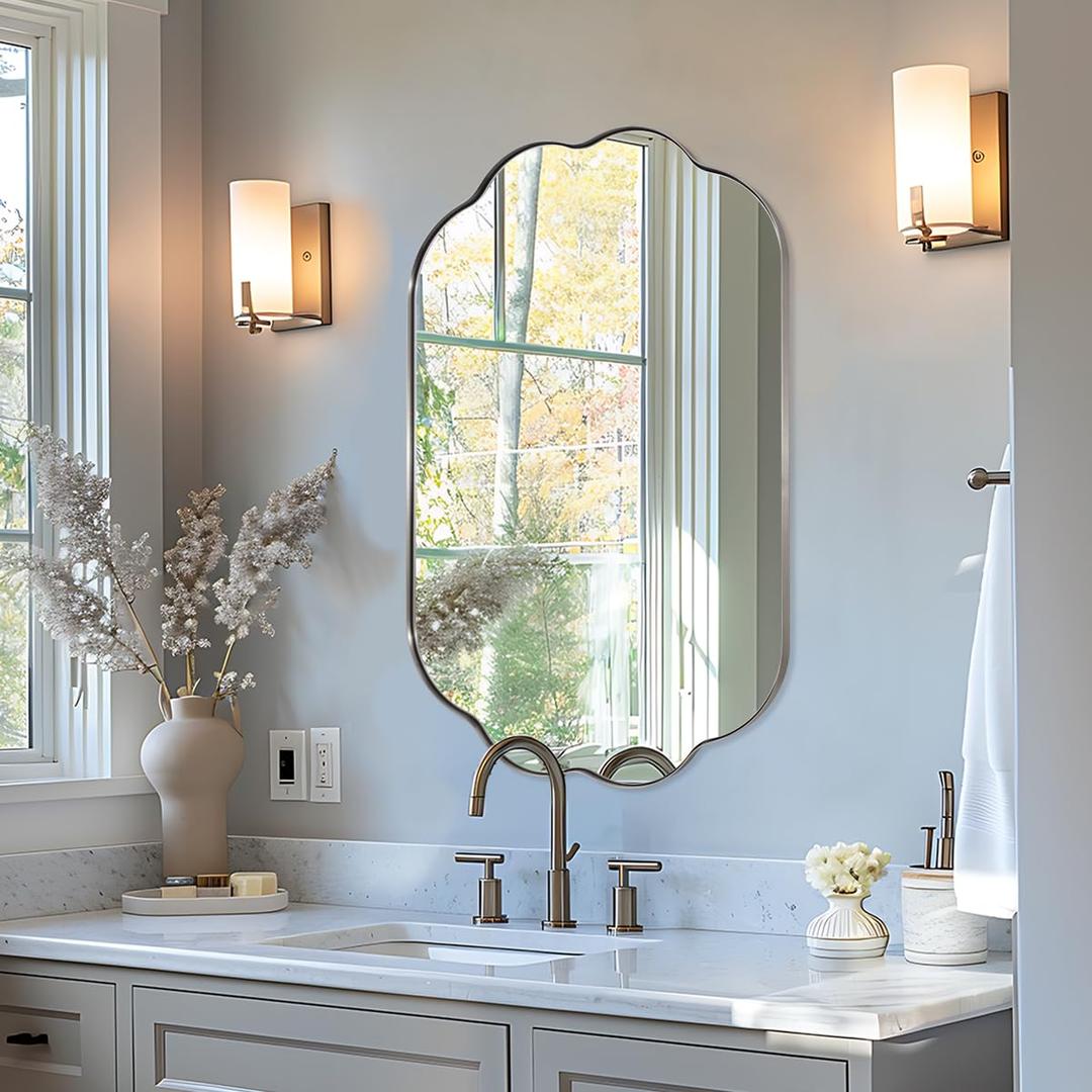 ANDY STAR Scalloped Bathroom Mirror, 24x36 Inch Matte Black Vanity Mirror in Stainless Steel Metal Frame, Unique Oval Mirror with Modern Curved Edge Design, Ideal for Bathroom, Bedroom, Entryway