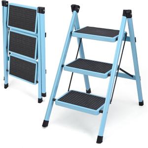 3 Step Ladder, Folding Step Stool for Adults, Lightweight Aluminum Step Ladder, Portable 330 LBS Capacity Ladders for Home Kitchen Library Office, Small Step Stools with Anti-Slip Wide Pedals, Blue