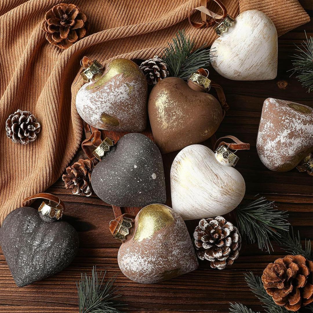 12 Pcs Neutral Texture Heart Christmas Ornaments 3.54 Inch Antique Rustic Brown Xmas Bulbs Ornaments Farmhouse Primitive Christmas Decorations for Tree Wreath Home Indoor Modern Holiday Decor