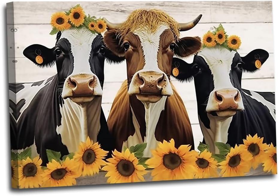 Cow Canvas Wall Art Farmhouse Cattle Picture Wall Art Funny Animal Artwork Painting Prints for Kids Room Decor Framed(Animal-7,12x18inch (30x45cm))