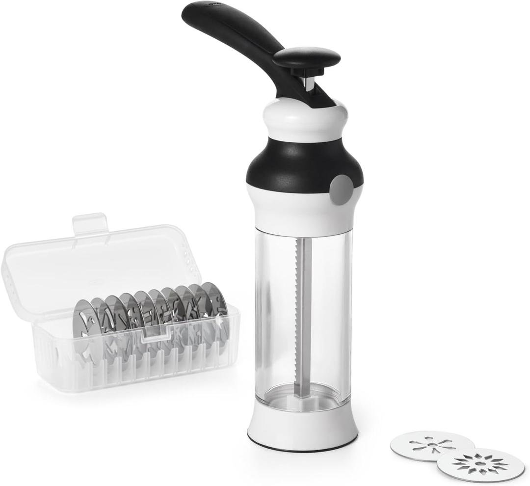 OXO Good Grips 14-Piece Cookie Press Set, Cookie Press with 12 Stainless Steel Disks and Storage Case, Holiday Baking and Everyday Treats, Essential Baking Supplies (100)