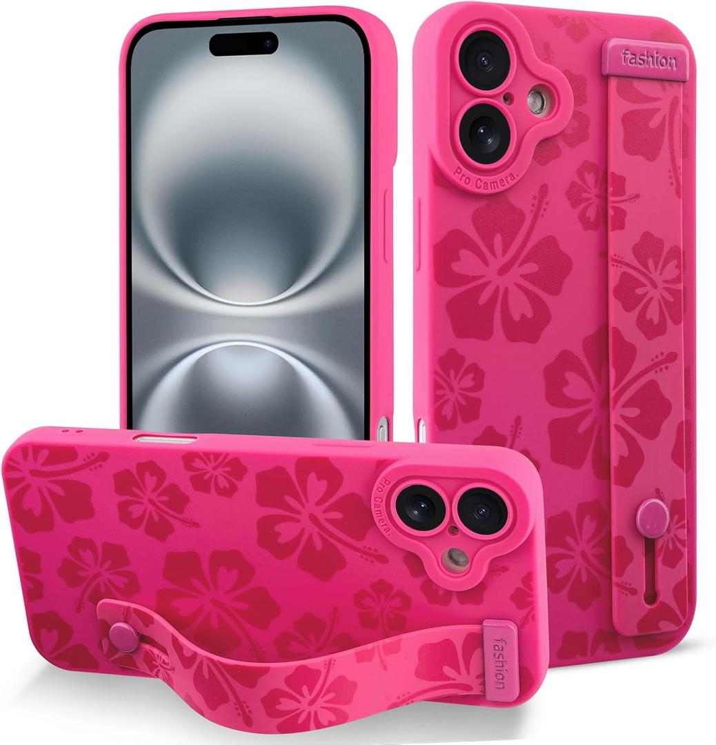 Fiyart Designed for iPhone 16 Plus Case Cute Flowers with Strap Soft TPU Phone Cover Plustective Camera Lens Plustection for Women Men Floral Bumper with Stand 6.7"-Rose Red