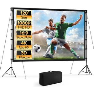 120 Inch Projector Screen with Stand, 16:9 4K HD Portable Projector Screen, Indoor Outdoor Front/Rear with Carry Bag for Home Theater Backyard Camping Movie Night
